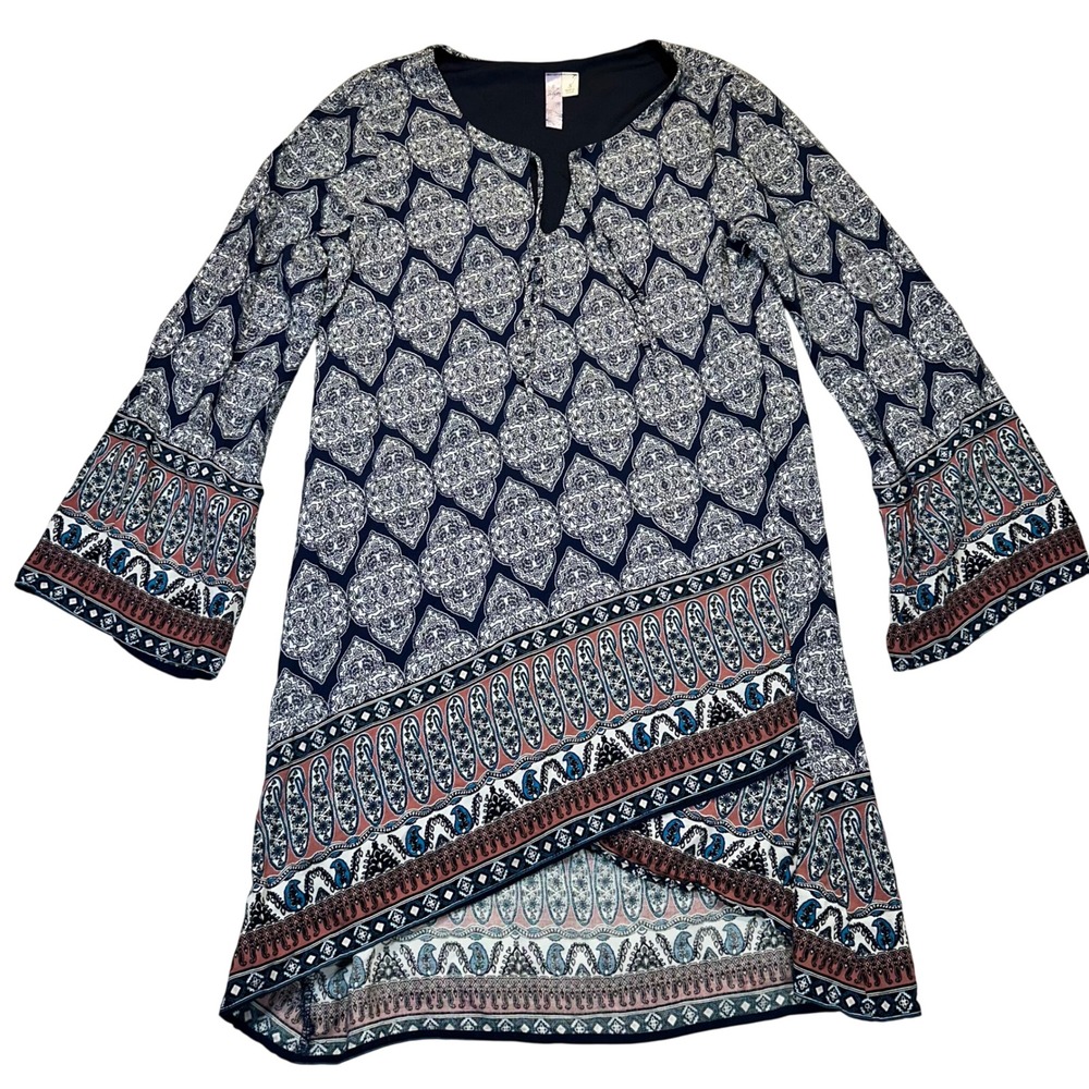 Aliya Tunic Dress Women Small Navy Blue Boho Paisley Bell Sleeve Tulip Hem USA